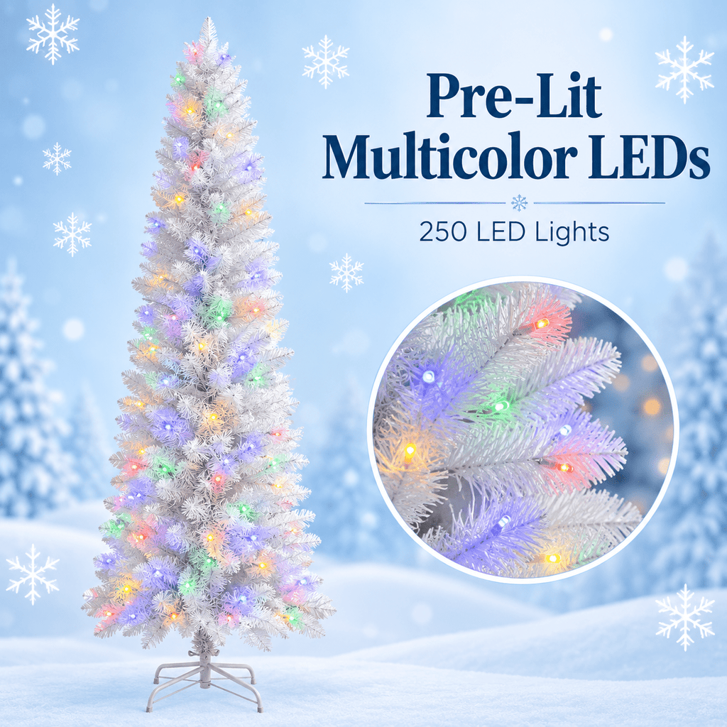 TENSAKEE 6 ft White Pencil Christmas Tree, Slim Pre-Lit Snow Flocked Artificial Xmas Tree with 571 Branch Tips, Party Decor