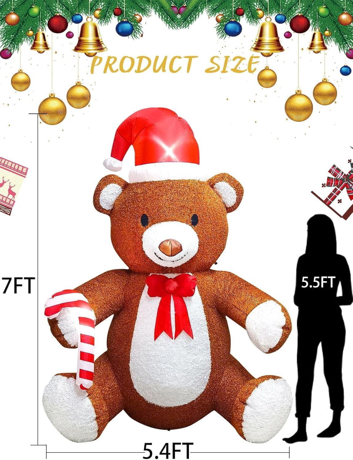 Kalolary Fluffy Bear Inflatable with LED Light, Christmas Blow Up Indoor Decoration, Xmas Teddy Yard Inflatable for Holiday Family Party Lawn Decor