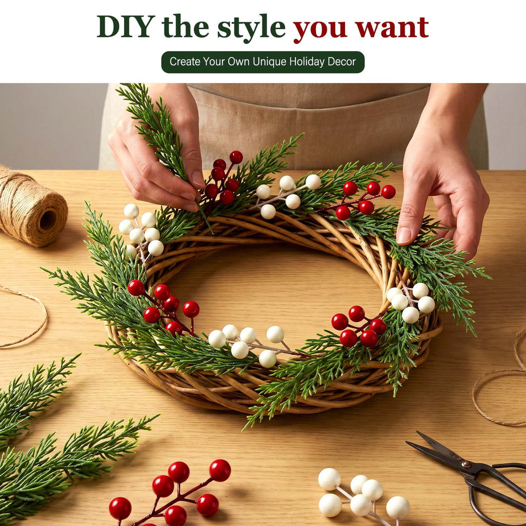 Ayieyill 39 Pack Artificial Pine Branches, 13.5 Inch Christmas Greenery Stems with Red & White Berries for Vase DIY Christmas Decorations Indoor