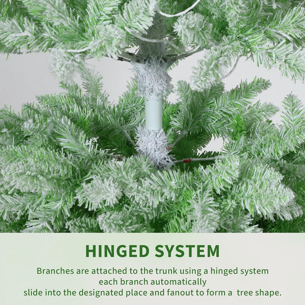 4.5/6/7.5/9 ft Flocked Pencil Christmas Tree with 100 Lights, Pre Lit Tall Skinny Christmas Tree with PVC Branch Tips, Premium Hinged Xmas Tree with Metal Base, Slim Artificial Christmas Tree