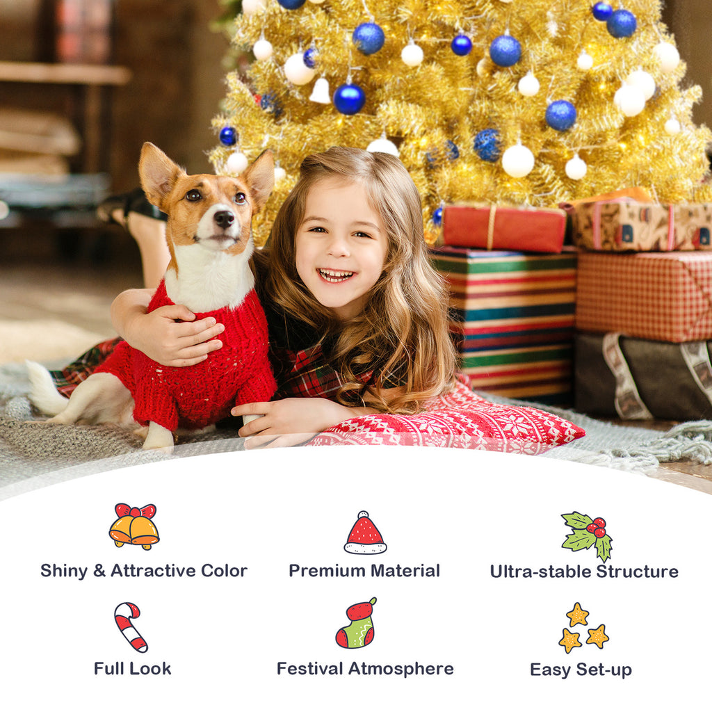 Gymax 7.5FT Tinsel Christmas Tree Artificial Hinged w/ Metal Stand Champagne Gold