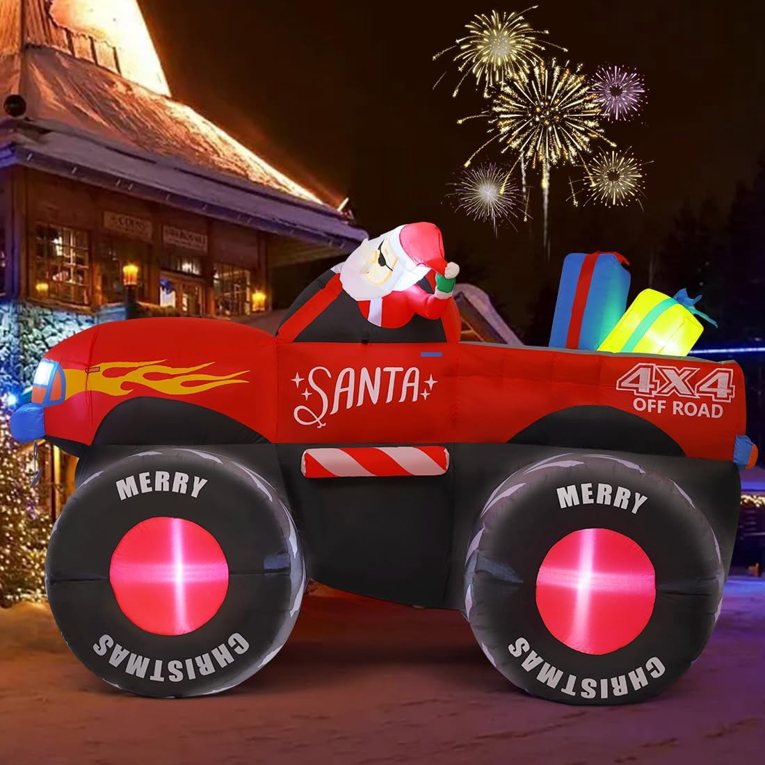 GOOSH 7.5 FT Long Christmas Inflatables Santa Claus on Truck with Presents, Monster Truck Inflatable Christmas Decorations with LED Lights, Outdoor Christmas Decorations Clearance for Xmas Holiday