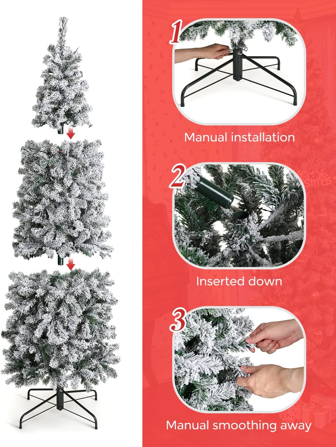 OasisCraft 9ft Pre-Lit Snow Flocked Artificial Pencil Christmas Tree with 450 Clear Lights, Hinged Snowy Slim Xmas Tree Outdoor for Festive Holiday Decor