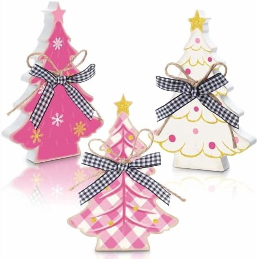 3 Piece Pink Wooden Christmas Tree Tabletop Decorations Rustic Farmhouse Holiday Centerpieces