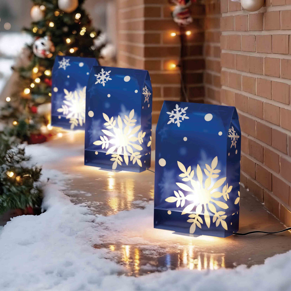 Indoor/Outdoor Snowflake Flickering Luminary Christmas Pathway Lights, Blue and White, Set of 3, by Holiday Time