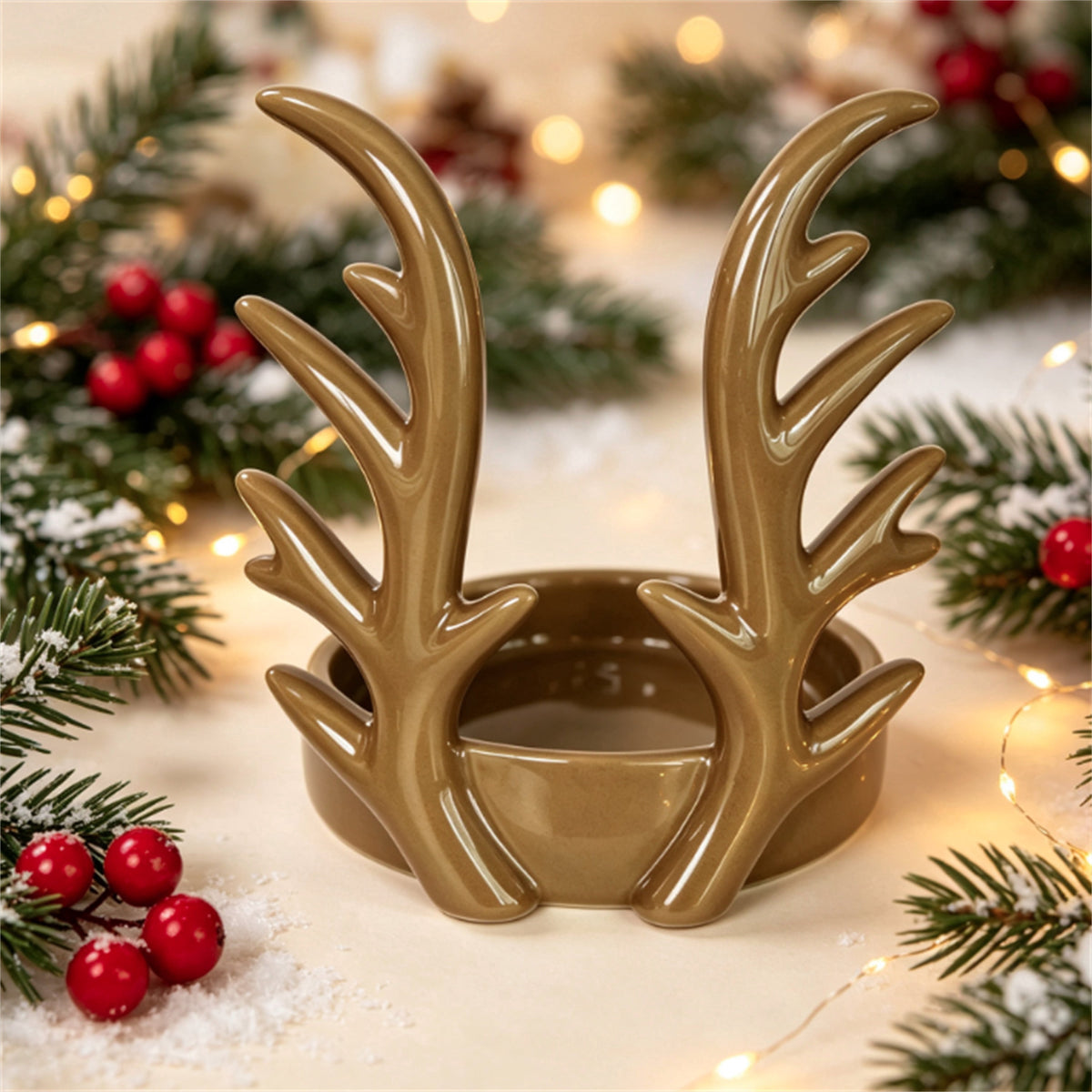 Large Brown Stoneware Antler Christmas Candle Holder, 5.3", by Holiday Time