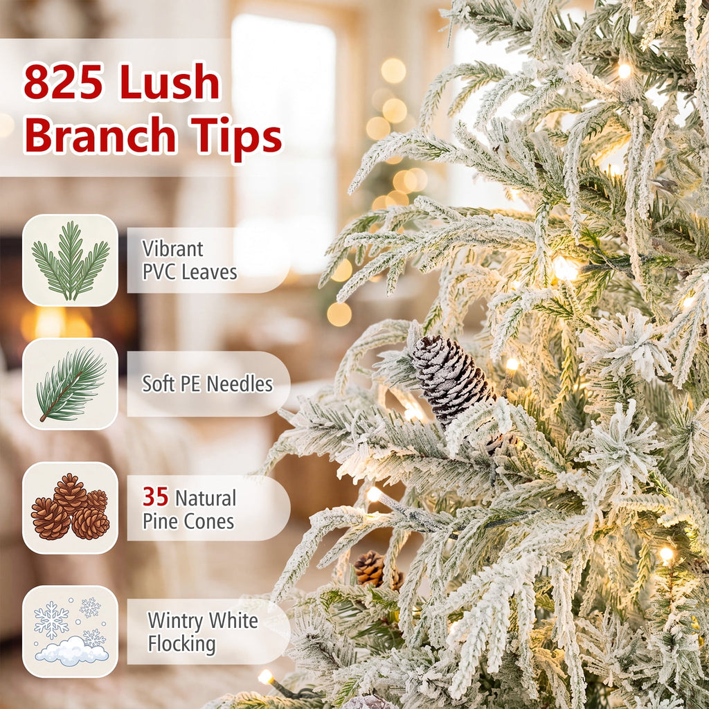 Costway 7 ft Flocked Cypress Christmas Tree with 710 Full PE Branch Tips, 350 LED Lights Sparse-Style White