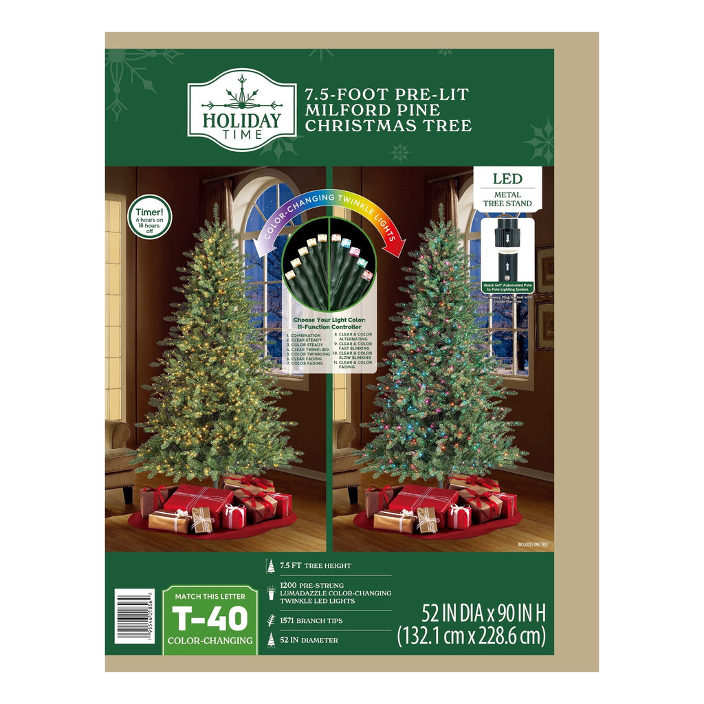 7.5' Pre-Lit Milford Pine Green Artificial Christmas Tree with LumaDazzle Color-Changing Twinkle LED Lights, Quick Set, and Stand, by Holiday Time