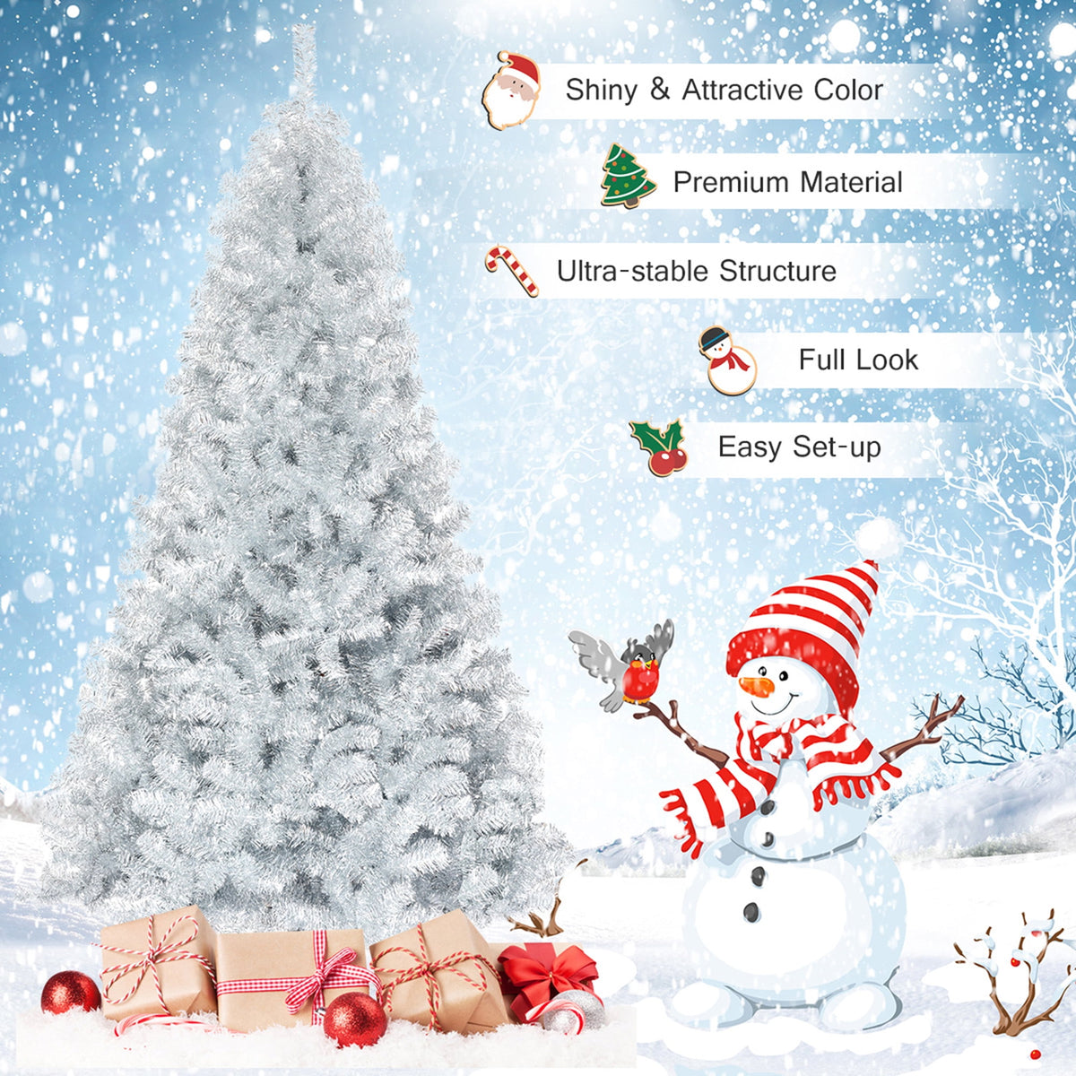 Gymax 7.5 FT Silver Tinsel Christmas Tree Artificial Hinged Tree Holiday Decoration