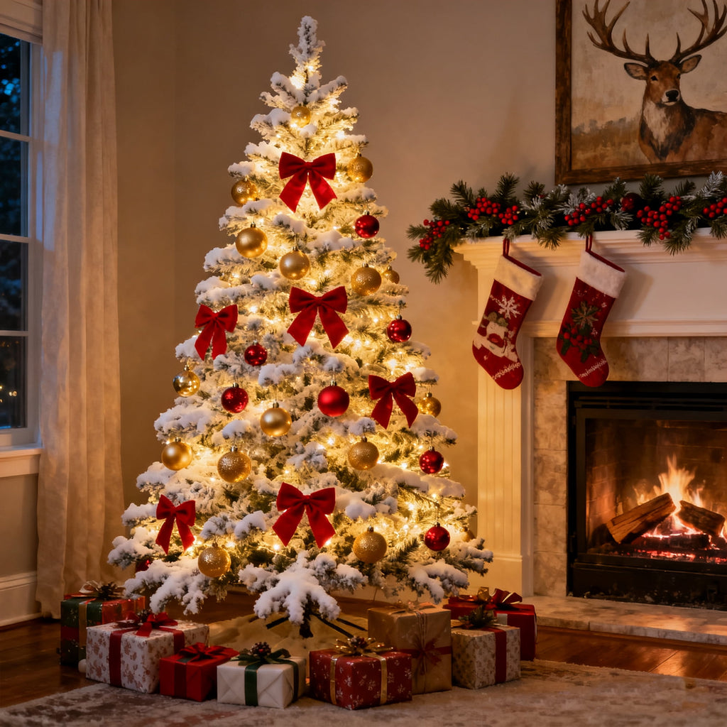 DAYBETTER 6ft Artificial Christmas Tree, Snow Flocked Christmas Pine Tree, with 210 Warm White Lights, 627 White Tips Branch, Includes Metal Stand for Xmas Holiday, Indoor and Outdoor Decor