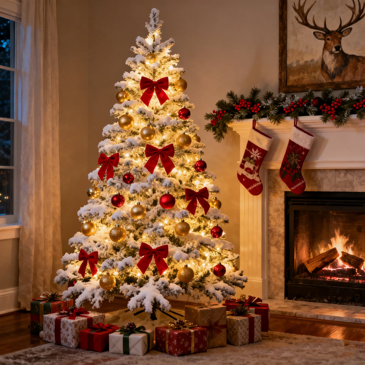 DAYBETTER 6ft Artificial Christmas Tree, Snow Flocked Christmas Pine Tree, with 210 Warm White Lights, 627 White Tips Branch, Includes Metal Stand for Xmas Holiday, Indoor and Outdoor Decor