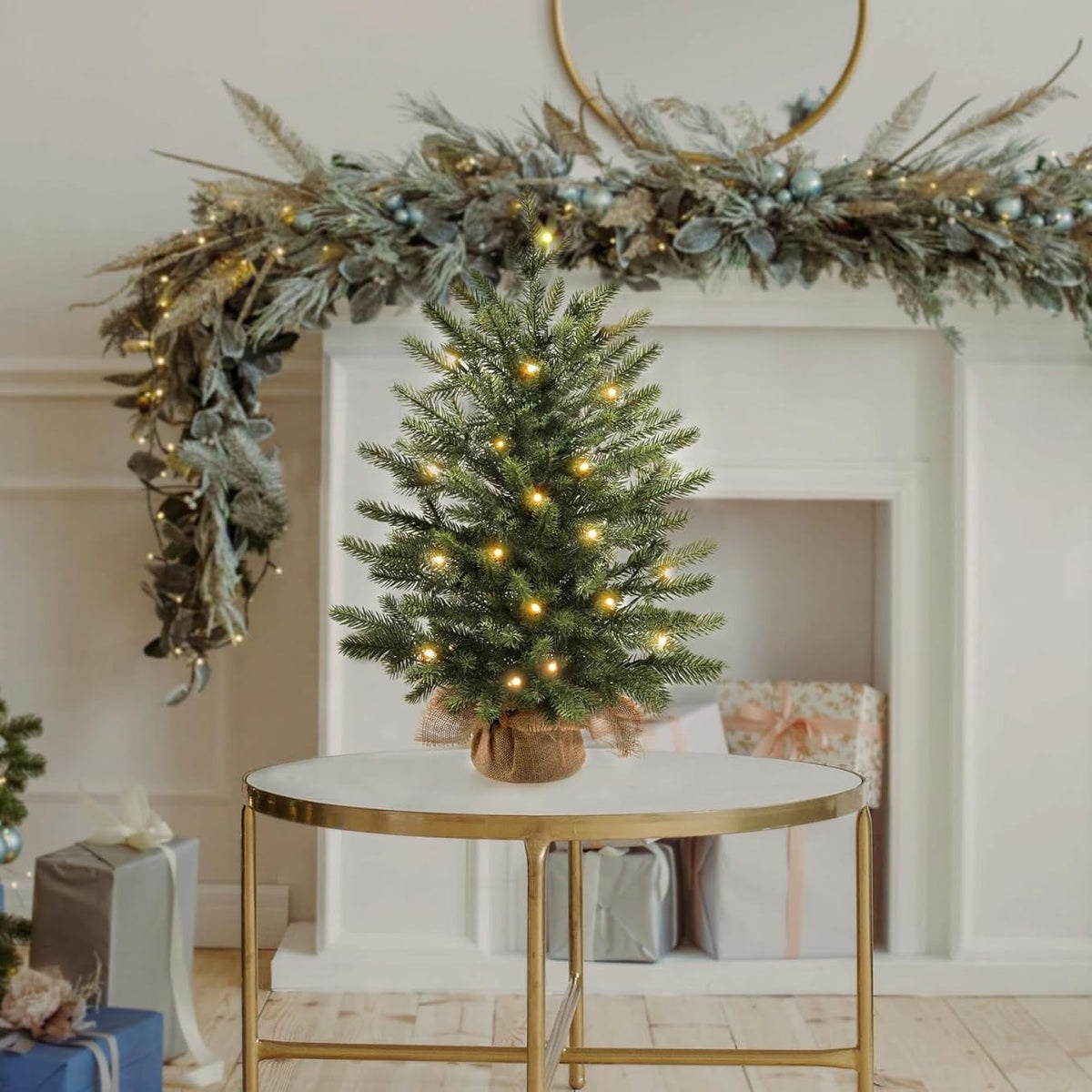 18"Pre-Lit 'Feel Real' Artificial Christmas Tree, Fir Christmas Tree, Premium Xmas Tree for Home, Office, Party Decoration, Includes Burlap Bag Base, Green, with warm light