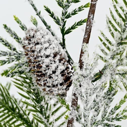 4 Piece Artificial Pine Needle Branches 15.7 Inch Snowy Frosted Greenery with Pinecones for Winter Christmas Tree Decor White