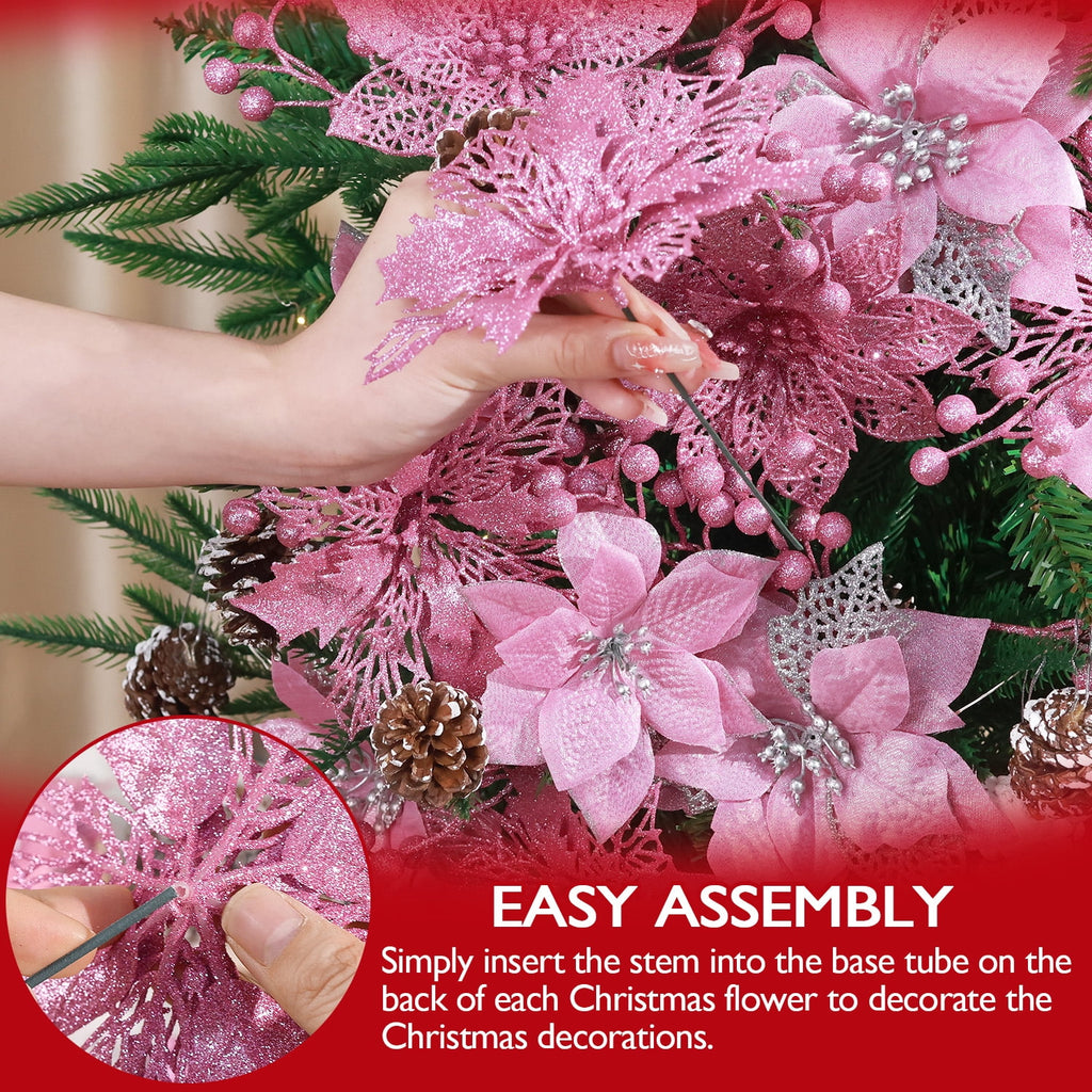 Ayieyill 56Pcs Poinsettia Christmas Flowers Decorations Christmas flower ornaments Artificial Glitter Berry Stems Christmas Pine Cones Christmas Tree Ornaments Set Christmas Tree Decorations (Blue)