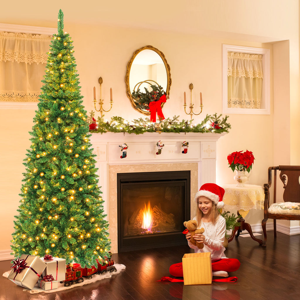 Topbuy 6.5ft Pencil Christmas Tree Pre-Lit Hinged Artificial Decoration w/ 250 Warm White Lights