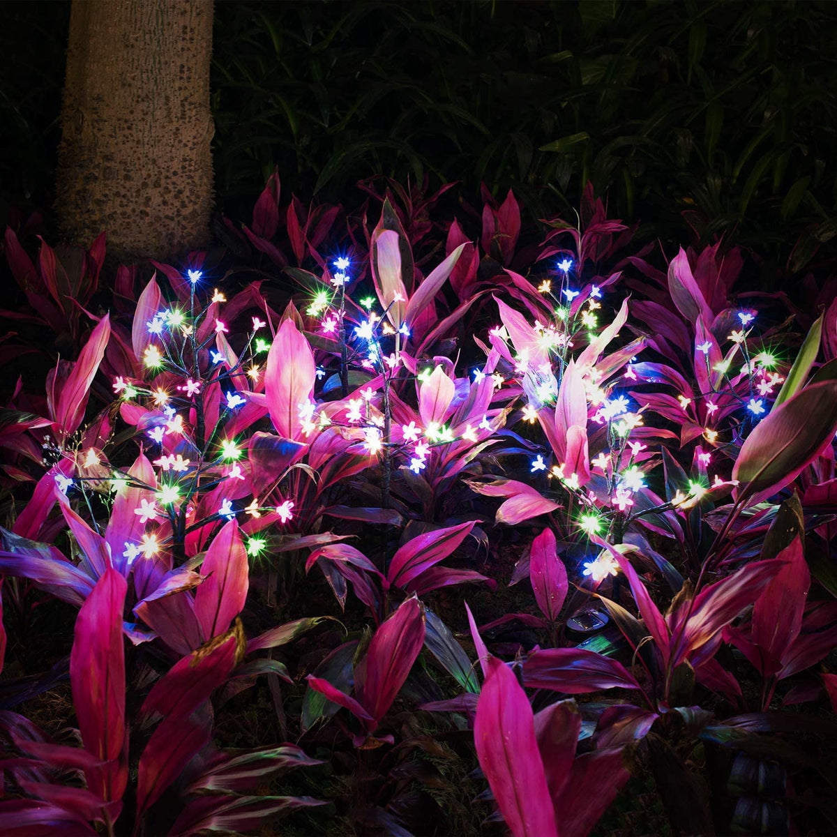 QiShi Solar Garden Lights Tree Outdoor Multi-Color Changing LED Stake Lights Flower for Garden, Patio, Yard and Decoration Solar Flickering Tree Lights (Tree,2 Pack)