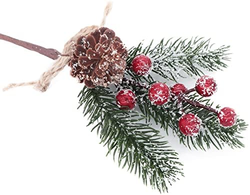 10 Piece Artificial Christmas Tree Picks 8 Inch Frosted Pine Branches Red Holly Berries