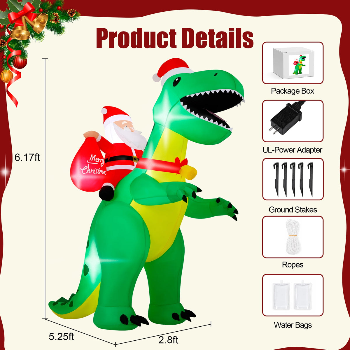 Firstness 6ft High Christmas Inflatables Outdoor Decoration with LED Lights, Christmas Blow ups Santa Claus Dinosaur Xmas Decor for Party Yard Garden Lawn