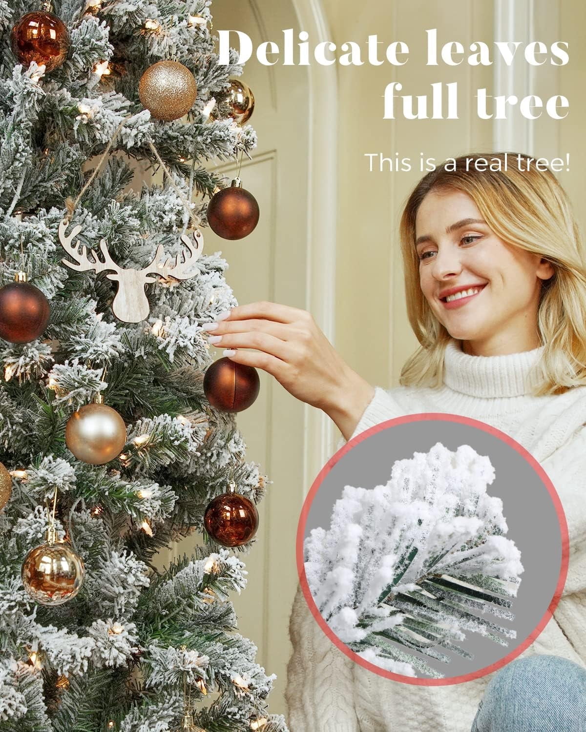 OasisCraft 9ft Pre-Lit Snow Flocked Artificial Pencil Christmas Tree with 450 Clear Lights, Hinged Snowy Slim Xmas Tree Outdoor for Festive Holiday Decor
