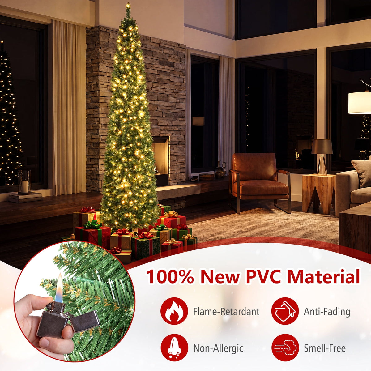 Costway 5 FT Pre-Lit Pencil Christmas Tree with 150 LED Lights & 296 Branch Tips Party