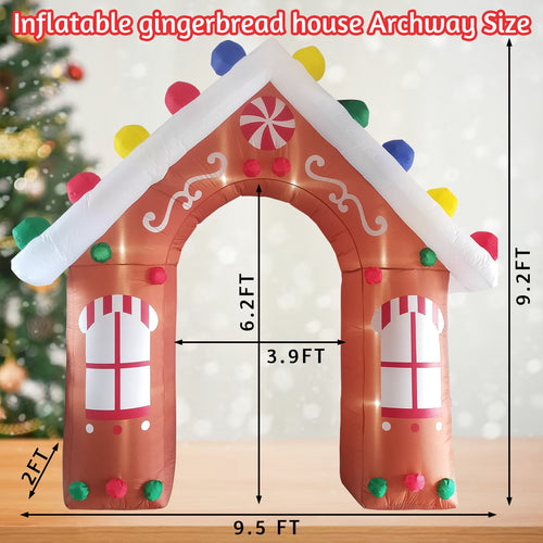 10FT Christmas Inflatables Gingerbread House Archway Outdoor Decorations, Giant Christmas Arch Blow Up Yard Decorations with LED Lights Built-in
