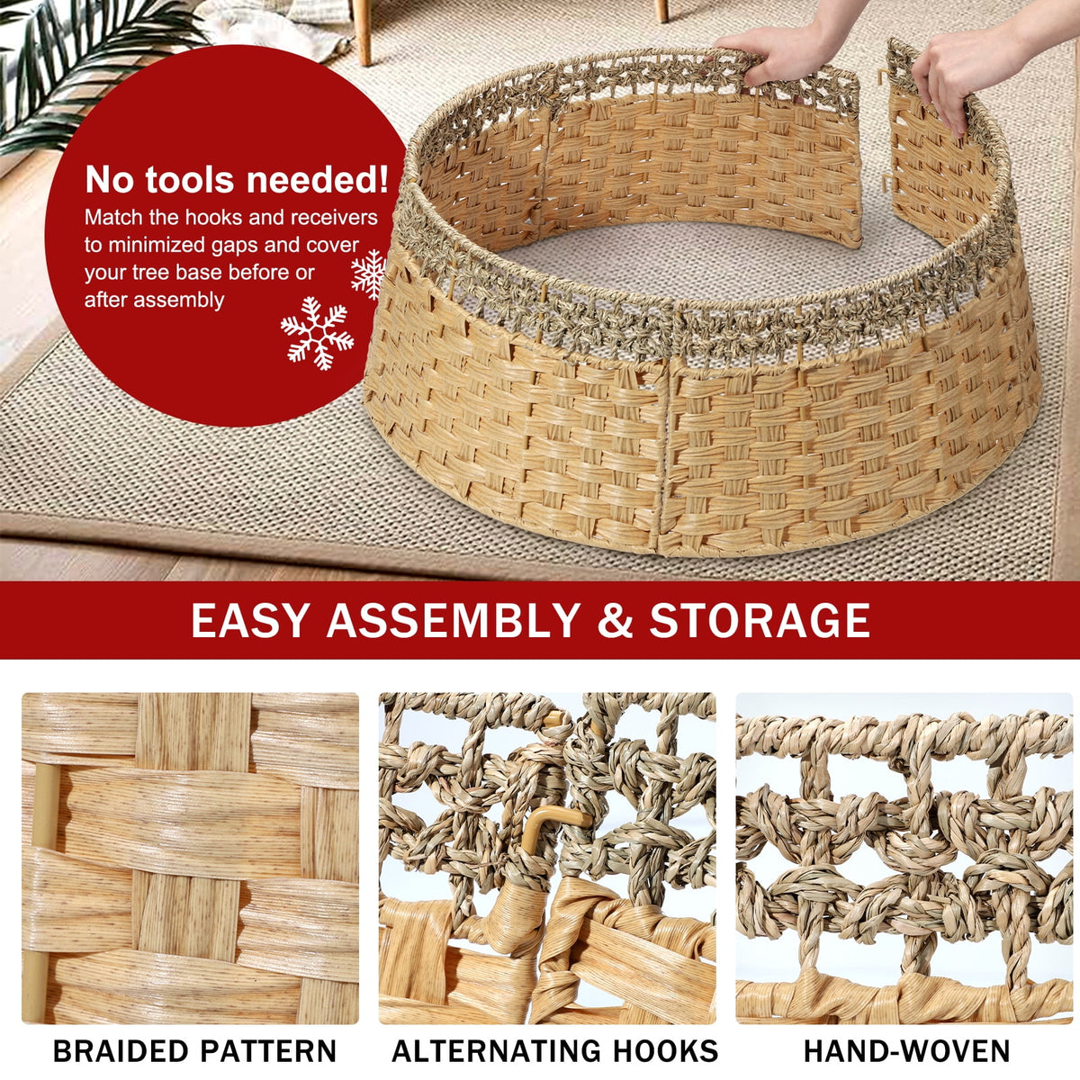 Ayieyill 26in Christmas Tree Collar, Handmade Woven Tree Collar, Christmas Tree Skirt for Artificial Trees | Wooden | Brown