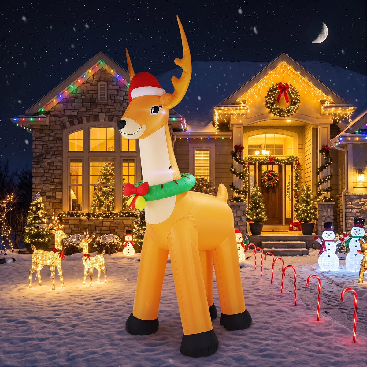 12FT Giant Christmas Inflatable Reindeer Decoration with Chasing LED Lights,Blow Up Yard Decoration for Party Garden Yard Lawn Decor