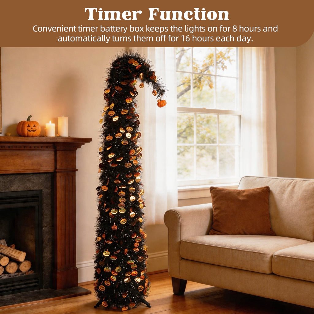 6FT Slim Pop Up Halloween Thanksgiving Tree with Fairy Lights Harvest Tree with Maple Leaves Pumpkins Foldable Collapsible Pencil Fall Tree for Outdoor Porch Patio Deck Living Room Decor