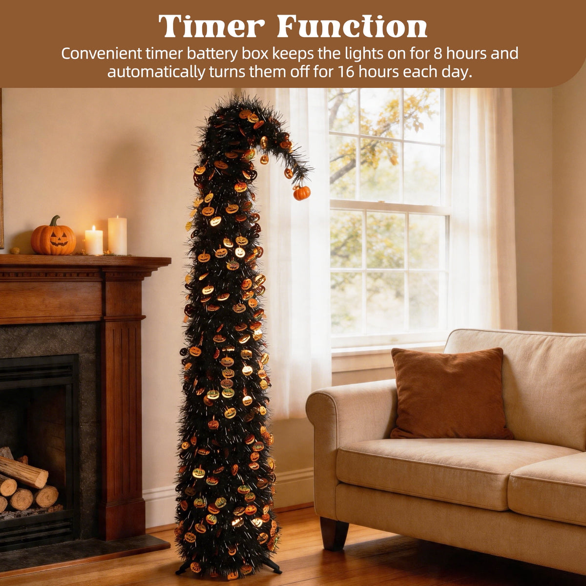 6FT Slim Pop Up Halloween Thanksgiving Tree with Fairy Lights Harvest Tree with Maple Leaves Pumpkins Foldable Collapsible Pencil Fall Tree for Outdoor Porch Patio Deck Living Room Decor