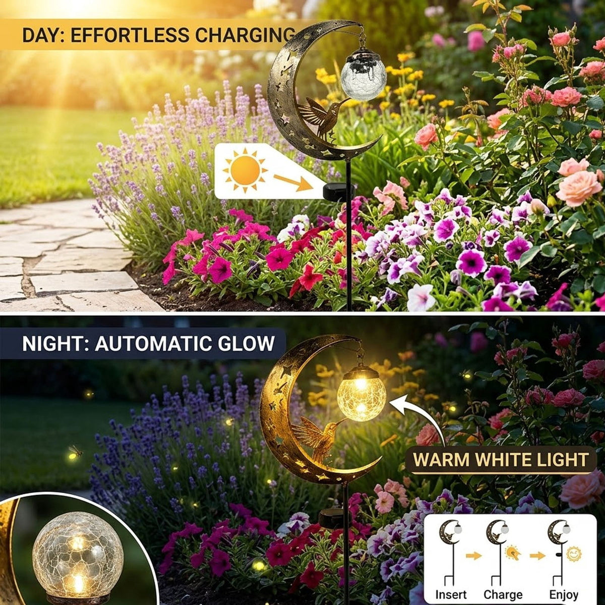 Hummingbird Moon Solar Garden Stake Light Half Moon LED Pathway Decor Crackle Hanging Glass Globe Ball Metal Crescent for Outside Yard Lawn Decor