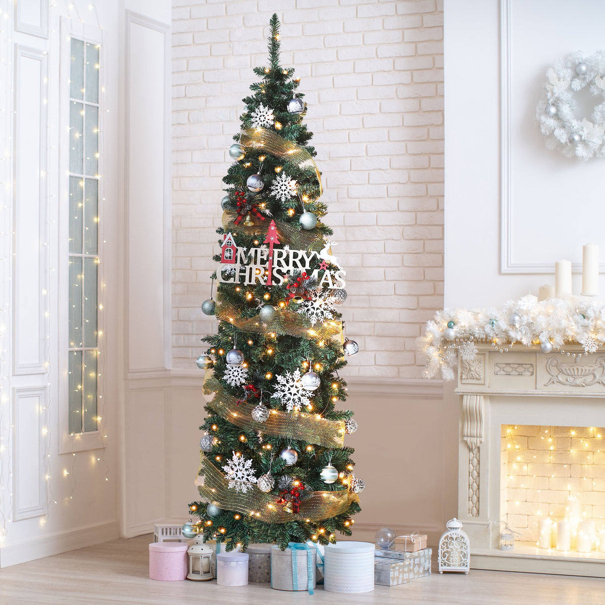 VEIKOUS 6.5ft Pre-lit Pencil Christmas Tree Slim w/250 LED Lights & Metal Stand, Green