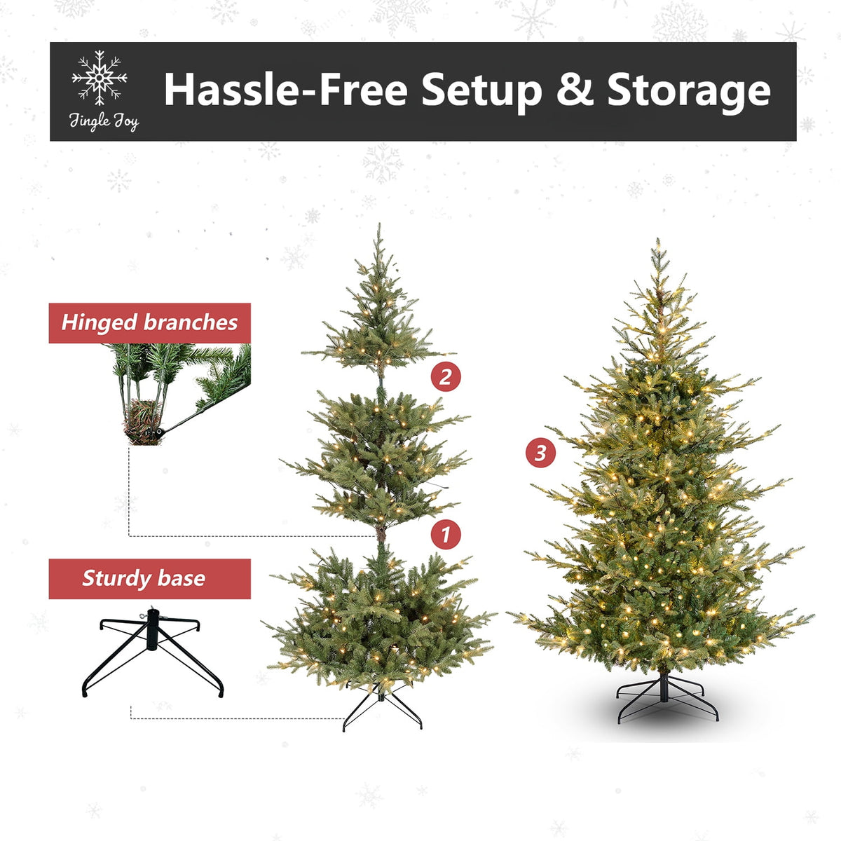 Jingle Joy Blue Ridge Premium Pine Christmas Tree LED Prelit 8 Light Functions, Full Coverage with Dense Branches, Metal Base (9 ft)