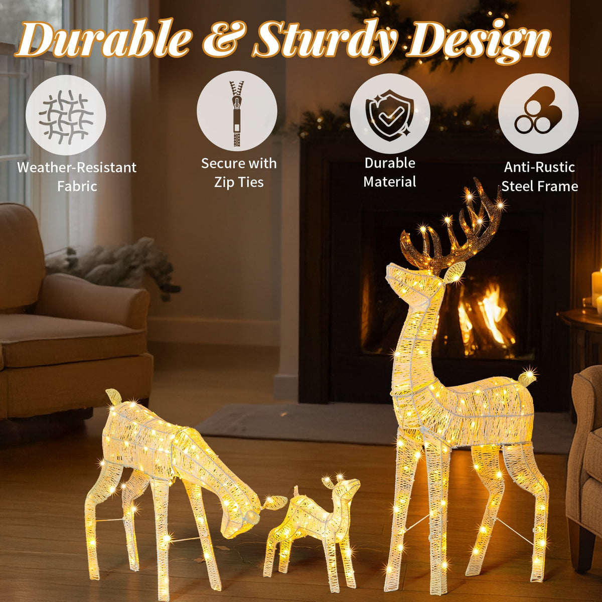 Ktaxon Christmas Outdoor Decor 4FT Lighted Reindeer Set 3Pcs Yard Deer Decorations LED Lights - Gold