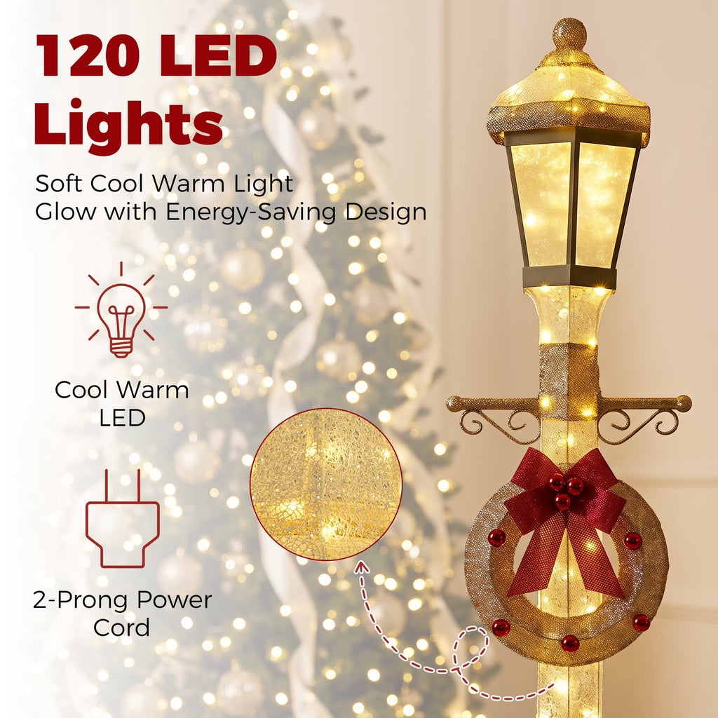 FOOWIN 6FT Christmas Lamppost Set of 2, Outdoor Christmas Lamp Post Decoration with 120 LED Lights, Holiday Porch Lamp Post Decor, Gold