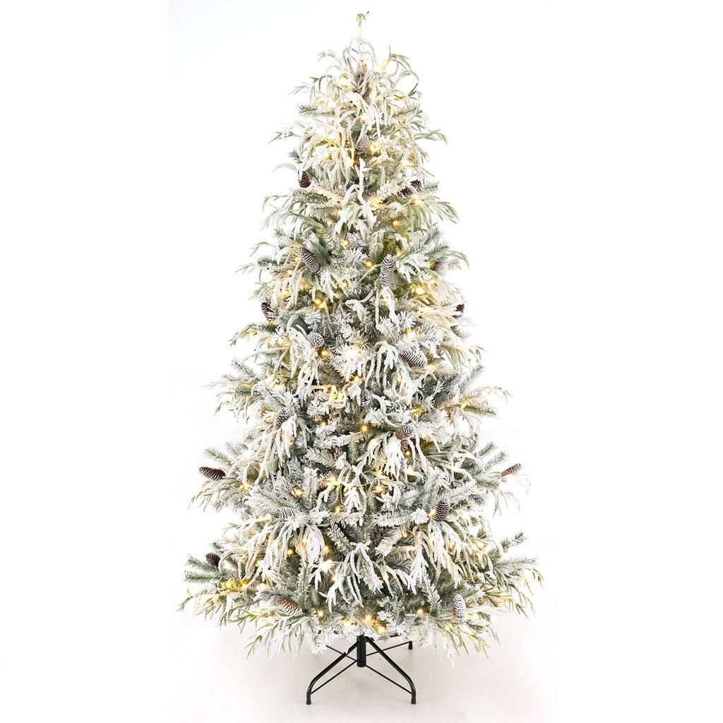 Costway 7 ft Flocked Cypress Christmas Tree with 710 Full PE Branch Tips, 350 LED Lights Sparse-Style White