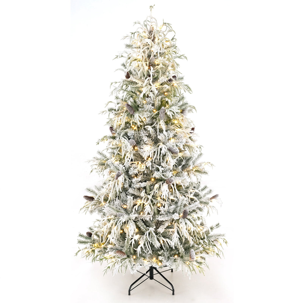 Costway 7 ft Flocked Cypress Christmas Tree with 710 Full PE Branch Tips, 350 LED Lights Sparse-Style White