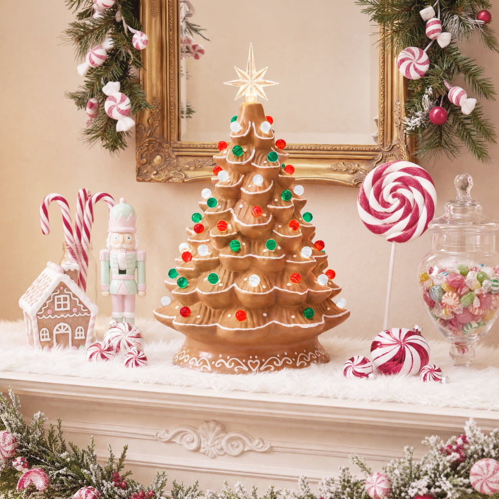 Best Choice Products 15in Ceramic Christmas Tree, Pre-lit Hand-Painted Tabletop Holiday Tree, Gingerbread Red/White/Grn