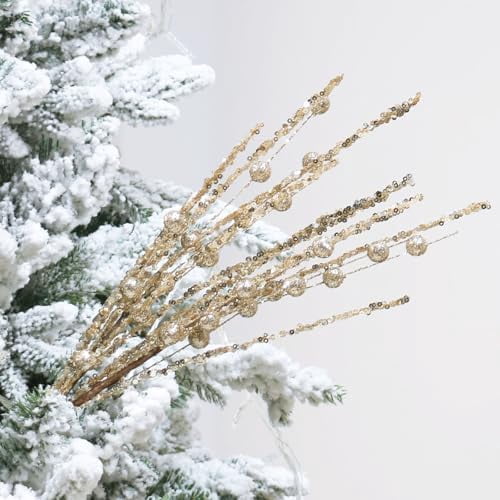10 Pack Christmas Tree Decorations, Artificial Champagne Glitter Berry Stems Picks Sprays Twigs Branches, for Winter Xmas Tree Vase Filler Home Holiday Decor.