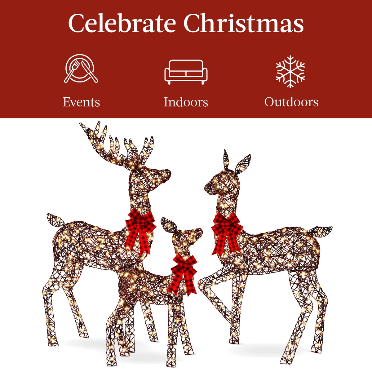 Best Choice Products 3-Piece Lighted Christmas Deer Set Outdoor Yard Decoration w/ 360 LED Lights, Stakes - White