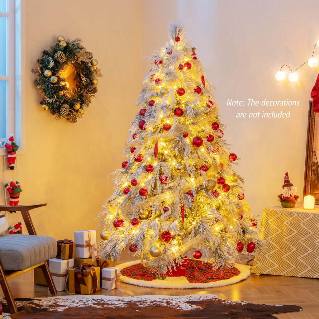 Costway 7 ft Flocked Cypress Christmas Tree with 710 Full PE Branch Tips, 350 LED Lights Sparse-Style White