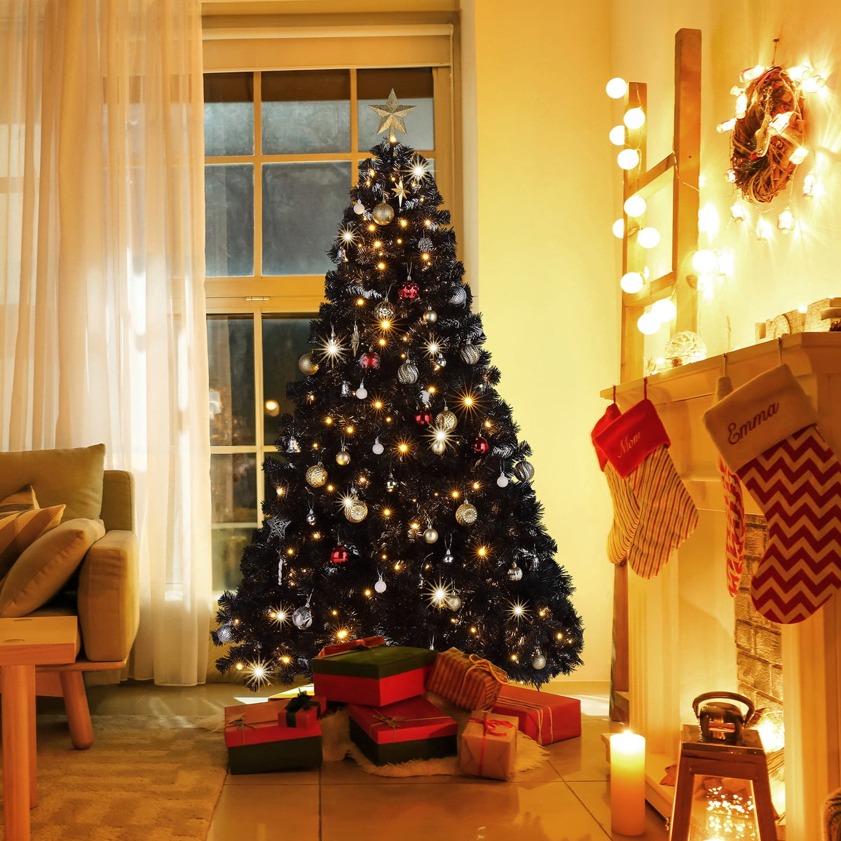 Ktaxon Black Christmas Tree 6ft Artificial Xmas Tree with 250 LEDs,Indoor Holidays Decoration,8 Modes
