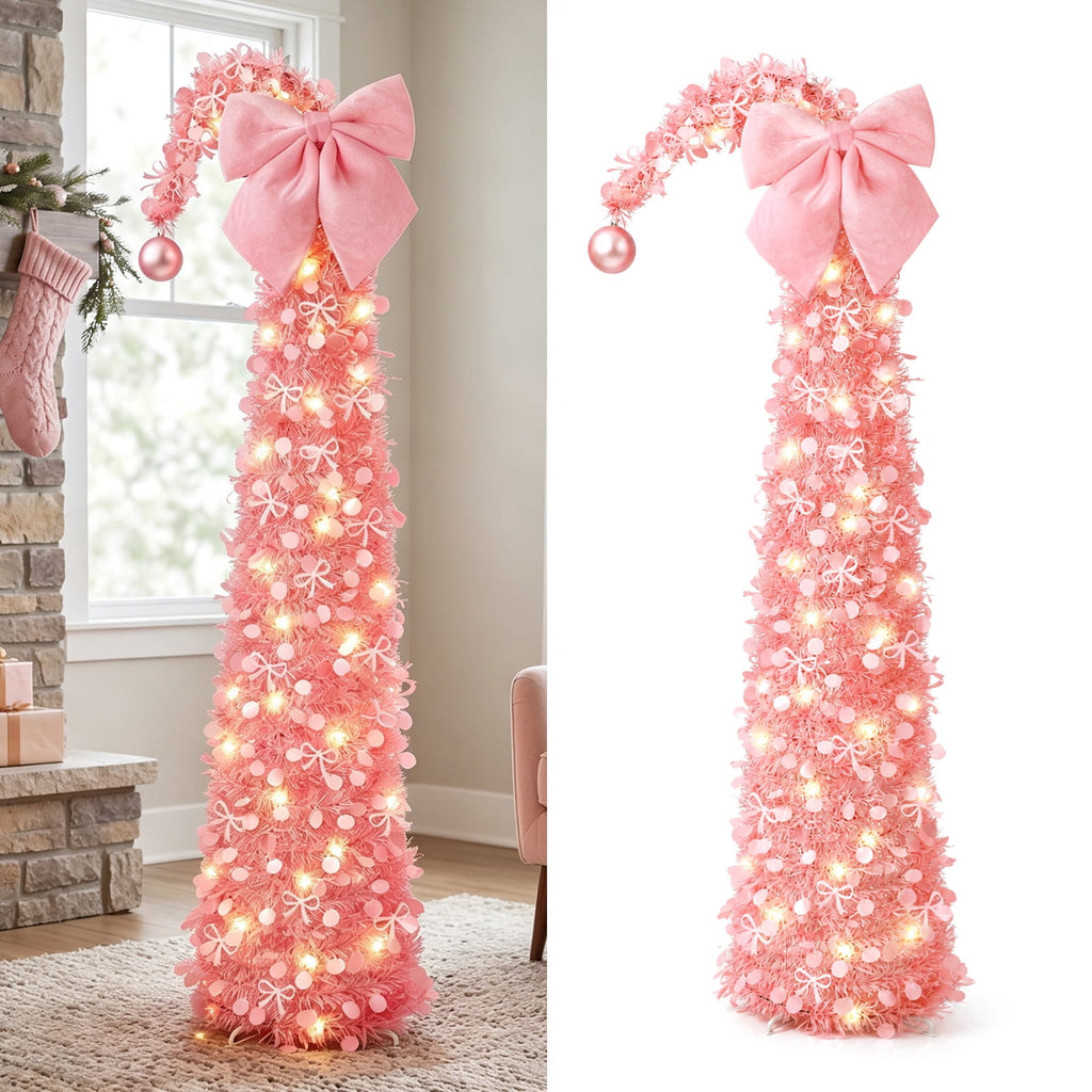 Ayieyill Christmas Tree 5FT Pencil Christmas Tree, Collapsible Pop up Tinsel Tree for Christmas Decorations Indoor, Pink
