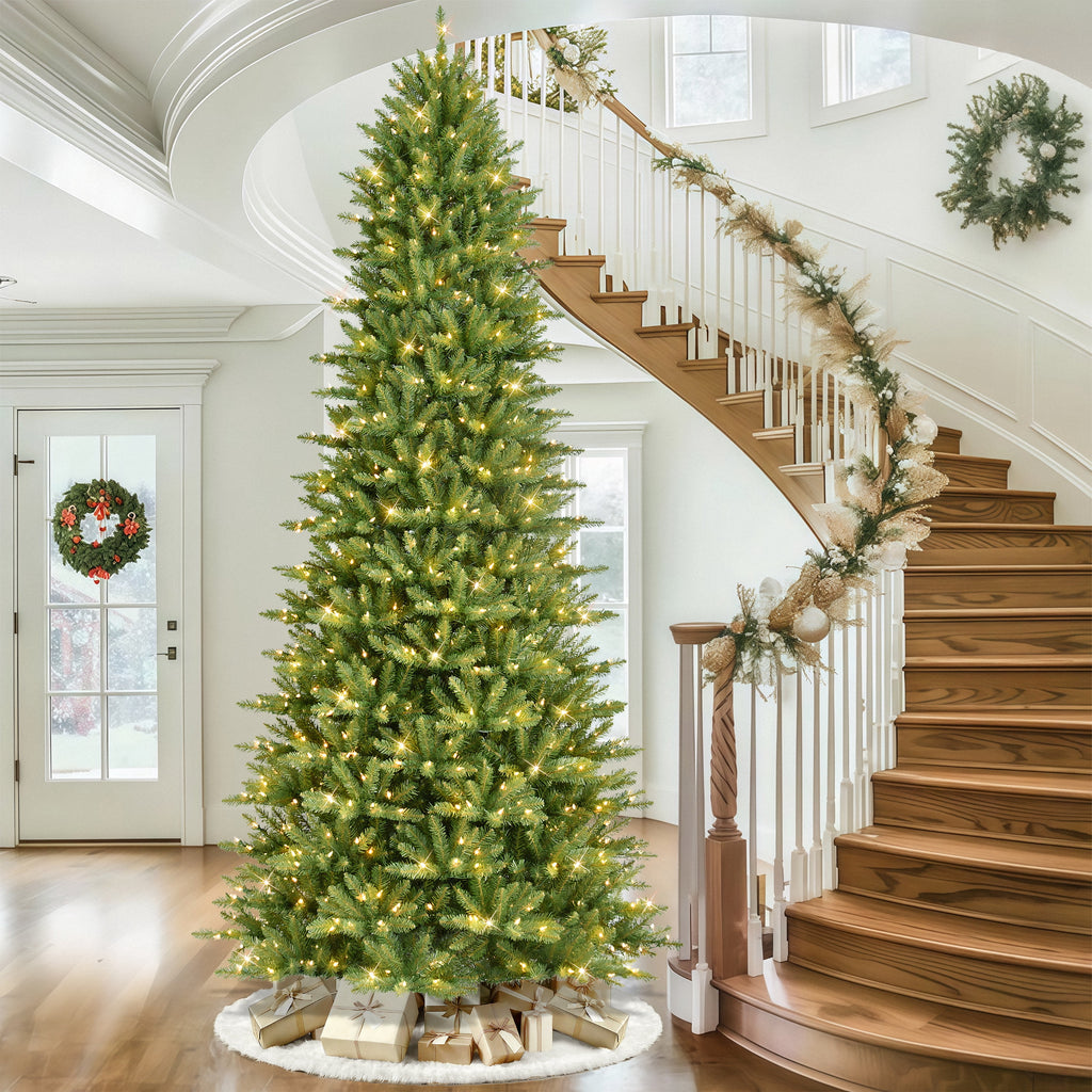 Puleo International Pre-Lit 12 ft Slim Fraser Fir Artificial Christmas Tree with 1,200 Clear Lights
