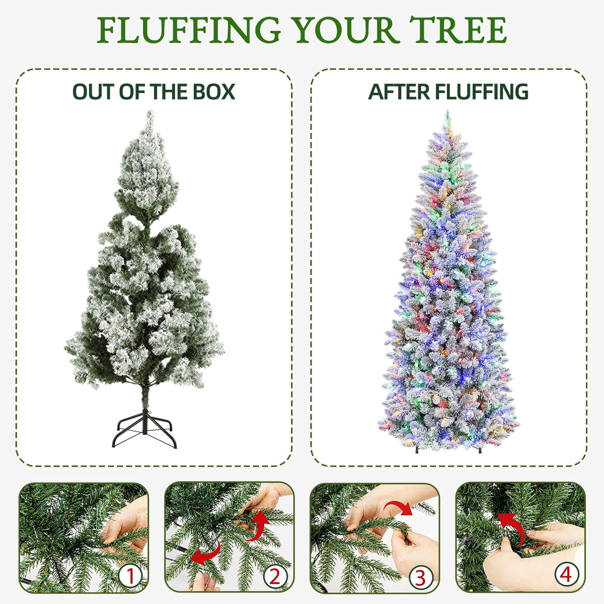 VIVATREES 7.5FT Premium Flocked Christmas Tree 550 Multi-Color LED Lights 5490 PVC PE Hinged Branch Tips Pre-Lit Artificial Xmas Pine Needles Metal Base for Home Office Holiday Decor