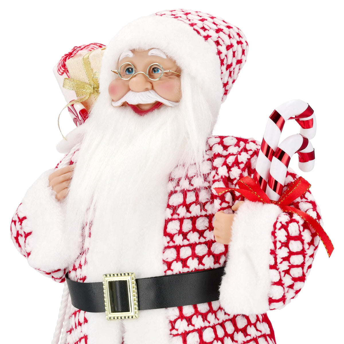 Santa with Glasses, Candy Cane and Gift Sack Christmas Decoration, Red and White, 18", by Holiday Time