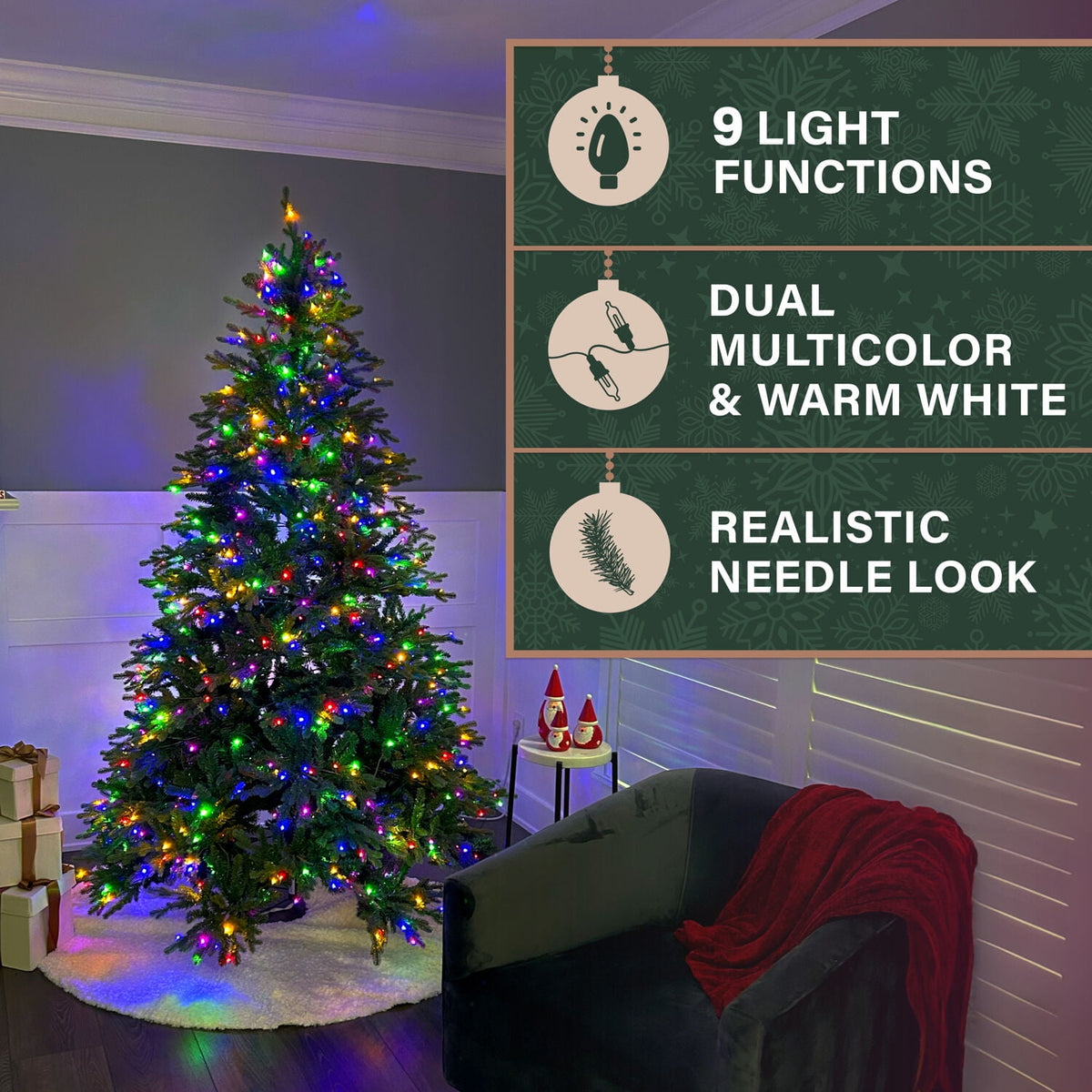 Fraser Hill Farm 7.5-Ft. Oregon Pine Christmas Tree with Dual Multicolor & Warm White LED Lights, FFOP075-6GR