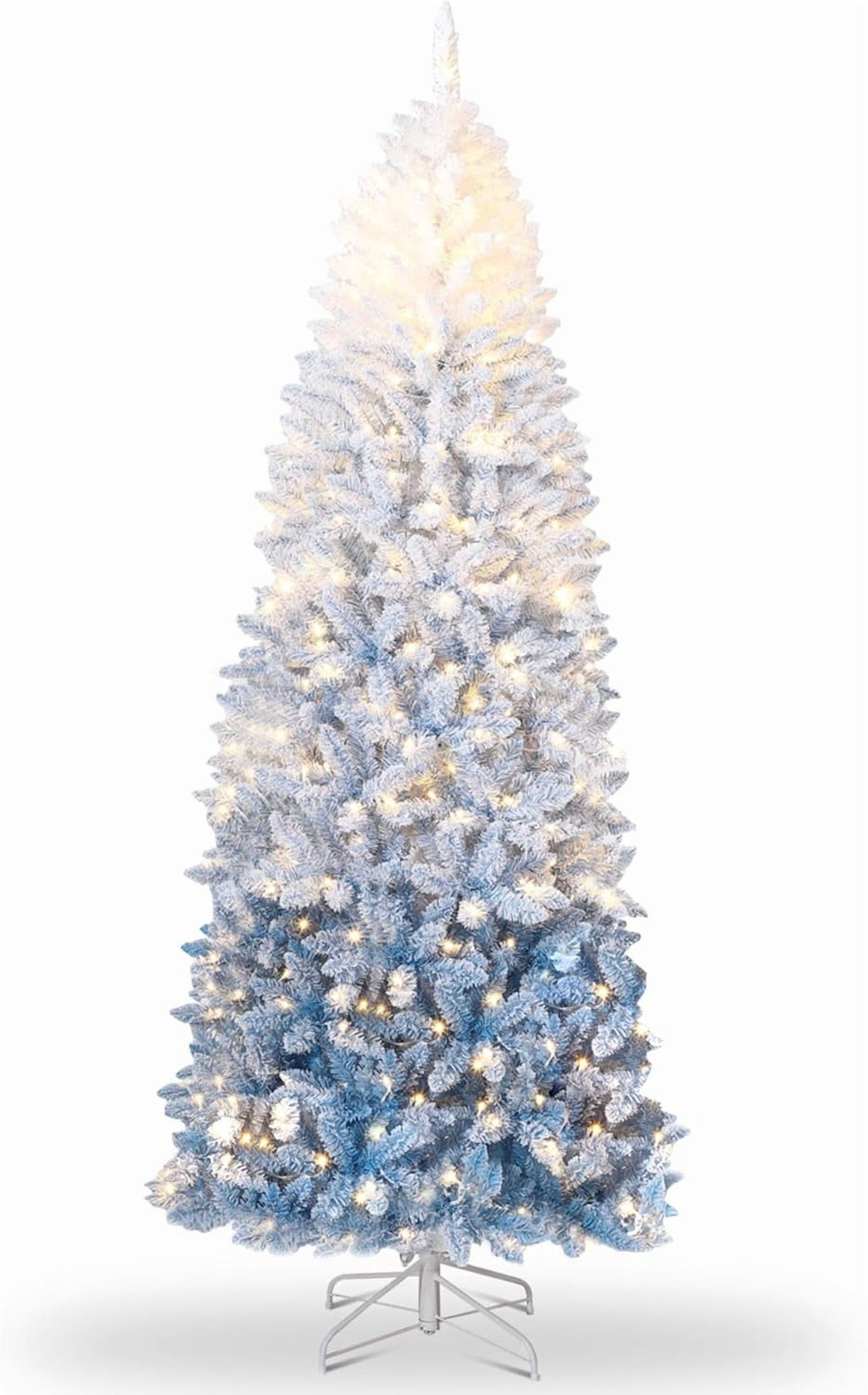 4.5/6/7.5/9 ft Flocked Pencil Christmas Tree with 100 Lights, Pre Lit Tall Skinny Christmas Tree with PVC Branch Tips, Premium Hinged Xmas Tree with Metal Base, Slim Artificial Christmas Tree
