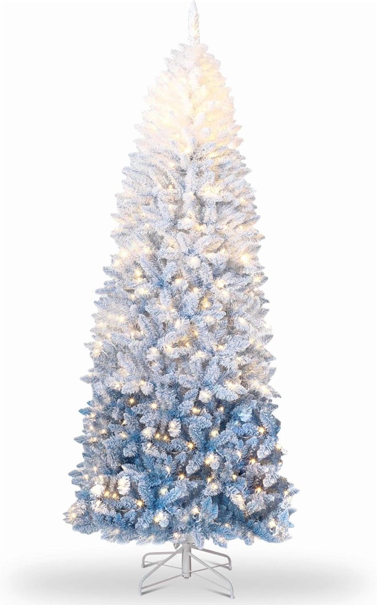 4.5/6/7.5/9 ft Flocked Pencil Christmas Tree with 100 Lights, Pre Lit Tall Skinny Christmas Tree with PVC Branch Tips, Premium Hinged Xmas Tree with Metal Base, Slim Artificial Christmas Tree