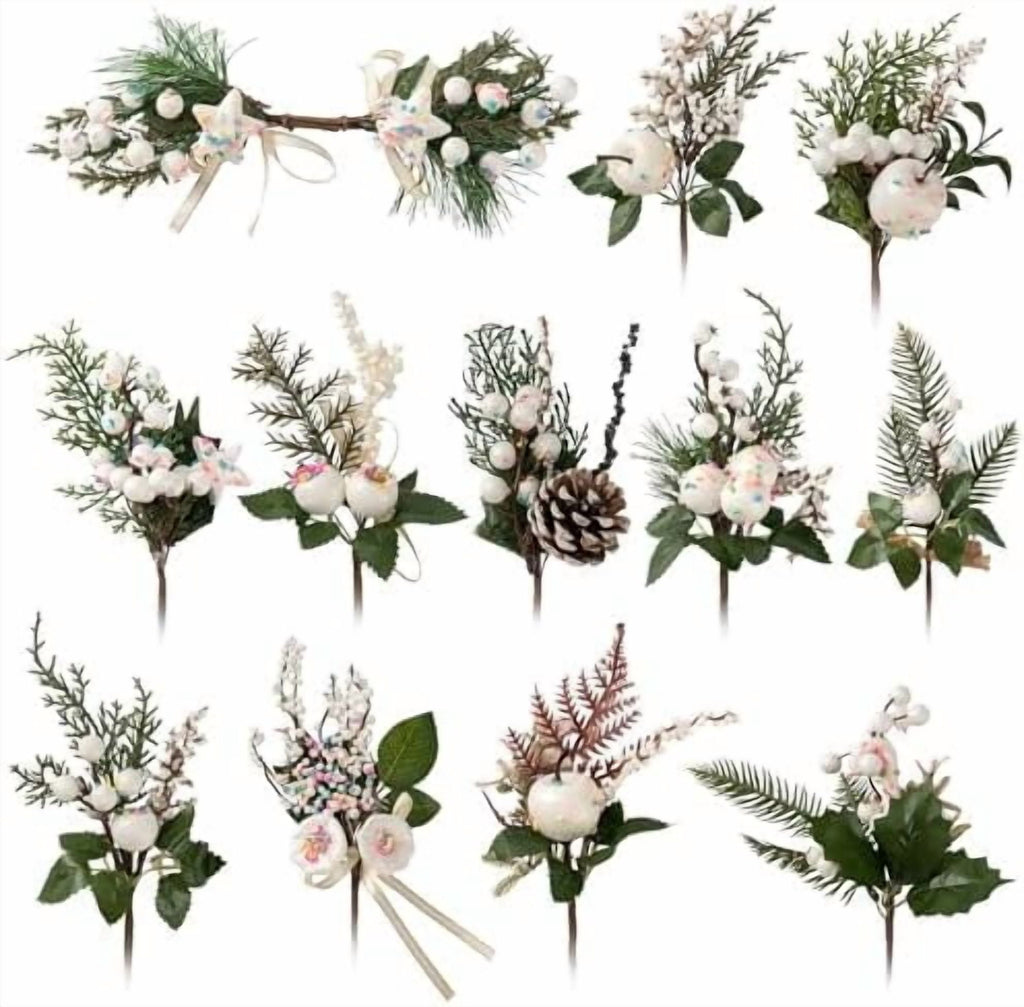 Crafare12 Pack Artificial Christmas Tree Picks Assorted Candy Pine Picks Spray with Pinecones Apples Holly Leaves Winter Holiday Season Decoration