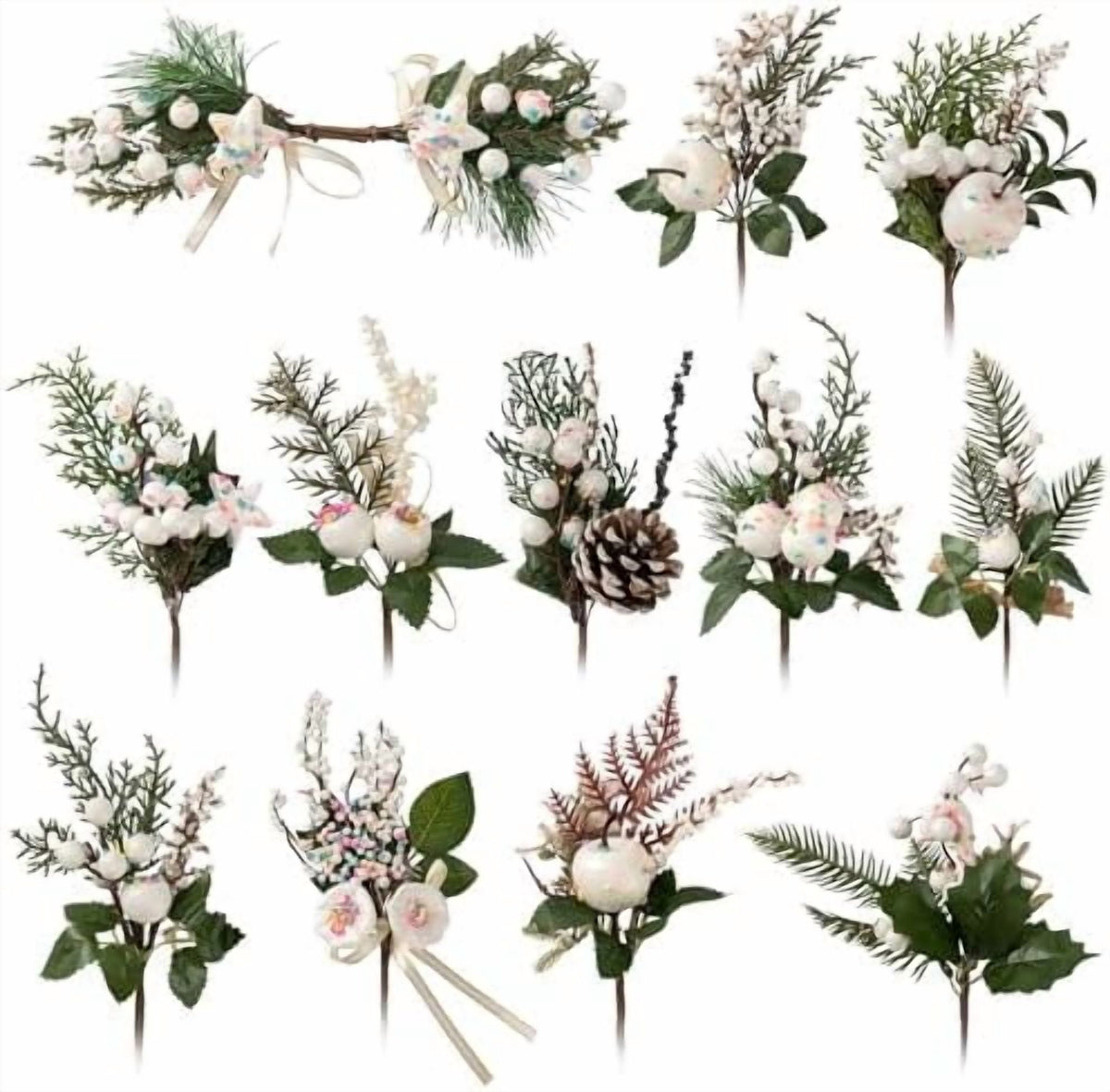 Crafare12 Pack Artificial Christmas Tree Picks Assorted Candy Pine Picks Spray with Pinecones Apples Holly Leaves Winter Holiday Season Decoration
